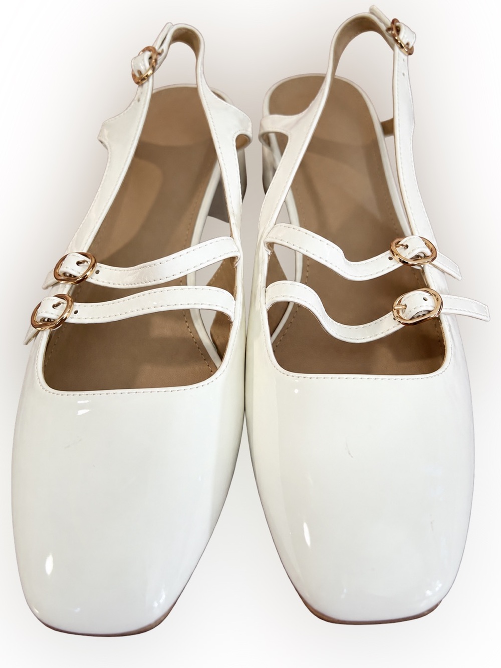 Women’s White Patent Mary Jane Slingback Flats with Buckle Straps
